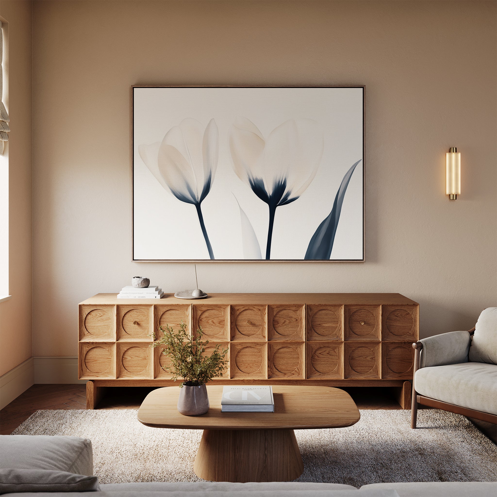A modern living room with a wooden sideboard, minimal coffee table, light sofa, and the Ethereal Blooms Canvas Art - Horizontal as floral decor—Nordic Park style—plus small decor and a wall sconce in neutral earthy tones.