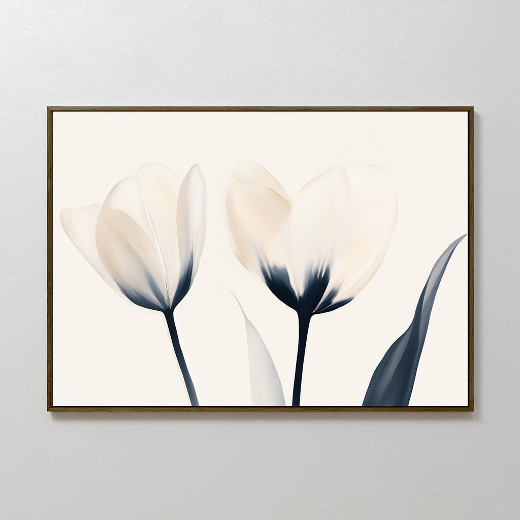 Ethereal Blooms Canvas Art - Horizontal" features two tulips with cream petals and dark blue stems on a light backdrop, adding subtle elegance and a Nordic Park vibe to plain white walls—perfect for modern living rooms.