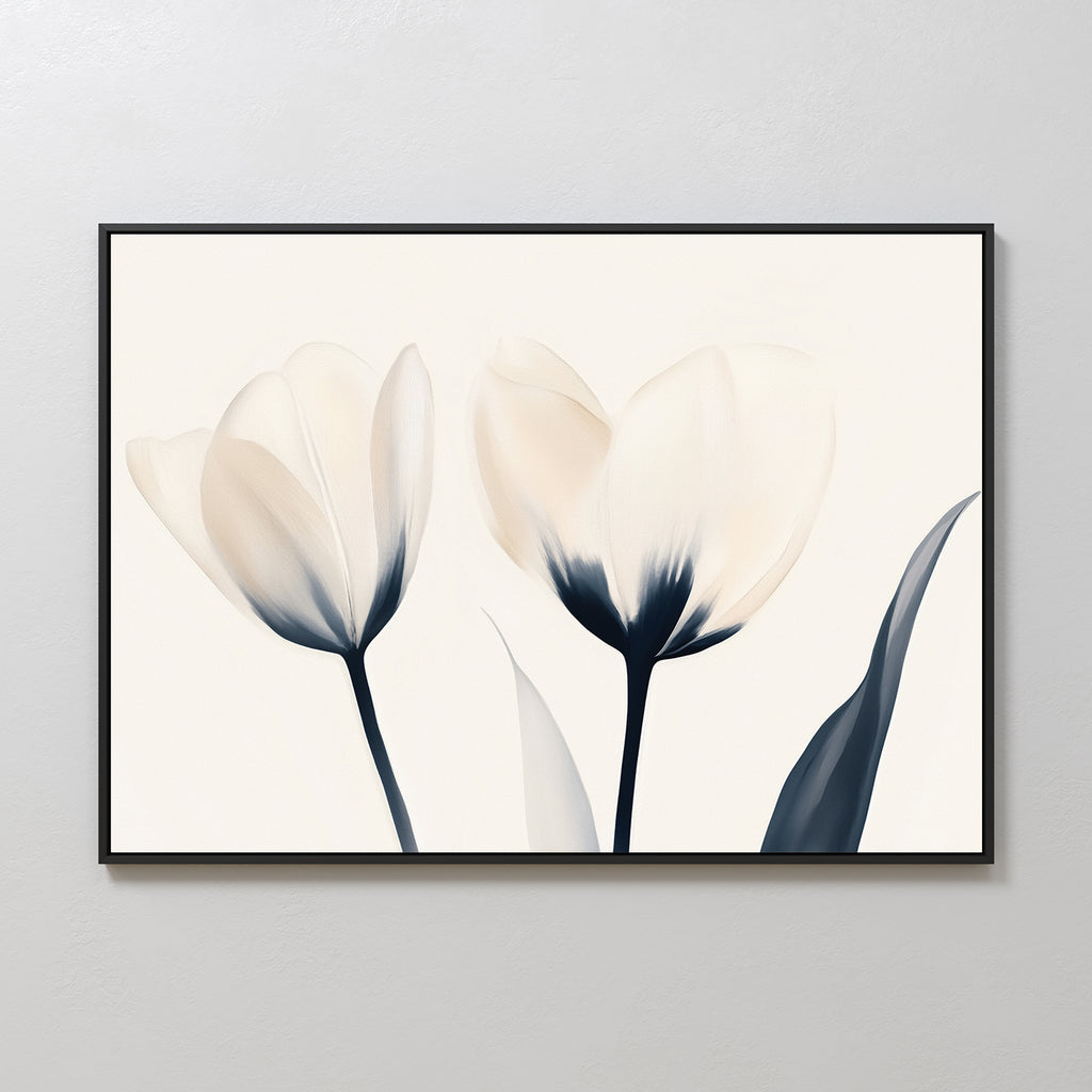 The Ethereal Blooms Canvas Art - Horizontal showcases two delicate tulips with cream petals and dark stems on a light background, perfect for bringing Nordic Park charm to any modern living room.