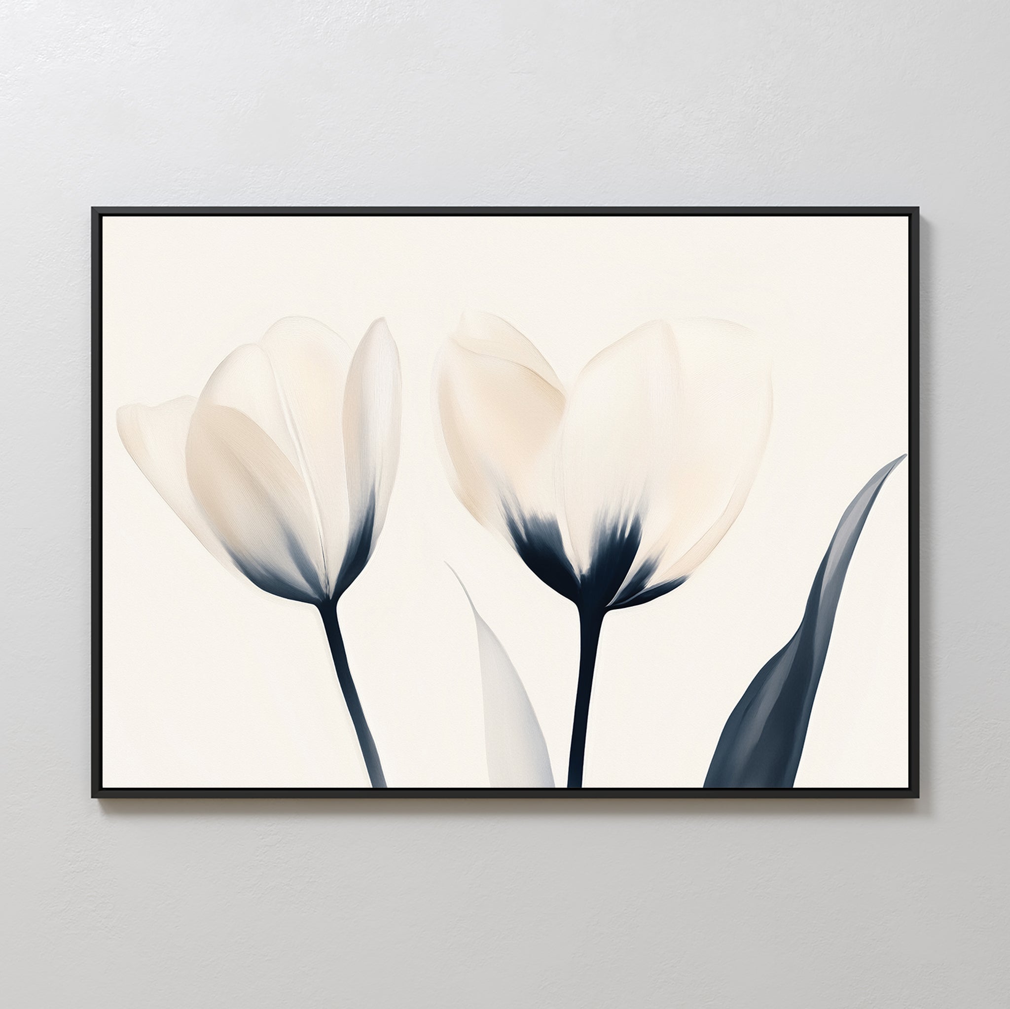 The Ethereal Blooms Canvas Art - Horizontal showcases two delicate tulips with cream petals and dark stems on a light background, perfect for bringing Nordic Park charm to any modern living room.