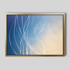The Ethereal Lines Canvas Art - Horizontal showcases flowing white lines on a gradient from deep blue to beige, creating a soft, airy effect that’s ideal for modern living room decor.