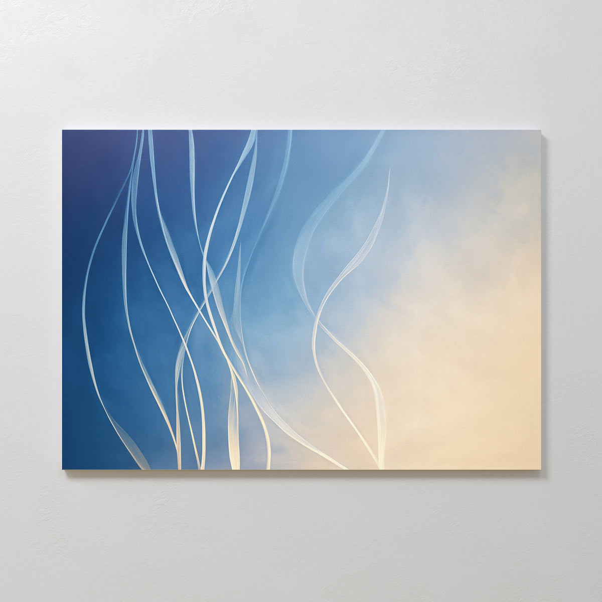 Ethereal Lines Canvas Art - Horizontal features flowing white curves on a gradient from deep blue to soft beige, creating a serene, modern look inspired by Nordic Park—perfect as abstract wall art for contemporary living room decor.