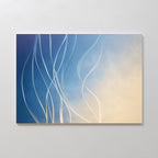 Ethereal Lines Canvas Art - Horizontal features flowing white curves on a gradient from deep blue to soft beige, creating a serene, modern look inspired by Nordic Park—perfect as abstract wall art for contemporary living room decor.