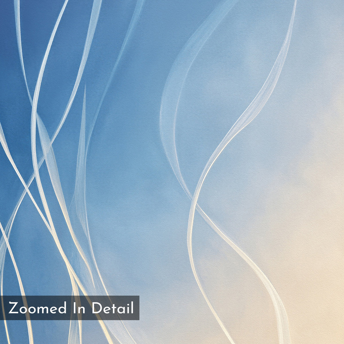 Ethereal Lines Canvas Art - Horizontal features white, wispy lines swirling over a gradient blue and beige background. "Zoomed In Detail" appears at the bottom left—perfect as a modern, abstract print for contemporary living room decor.