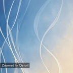 Ethereal Lines Canvas Art - Horizontal features white, wispy lines swirling over a gradient blue and beige background. "Zoomed In Detail" appears at the bottom left—perfect as a modern, abstract print for contemporary living room decor.