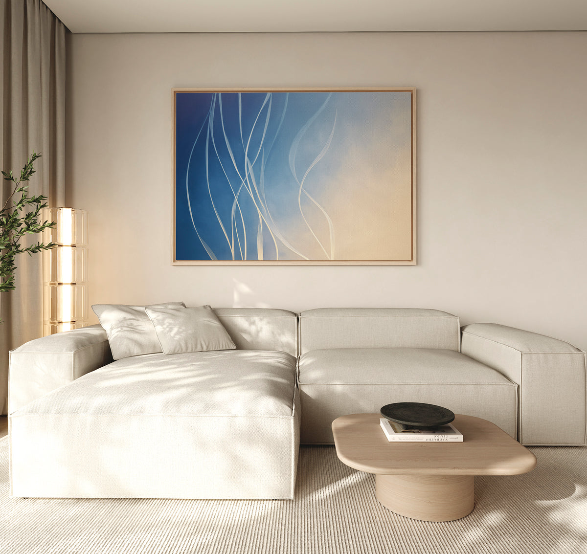 Minimalist living room with a light beige Nordic Park sectional, a low wooden coffee table, and Ethereal Lines Canvas Art - Horizontal on the wall. Soft natural light and a plant add to the calm, modern atmosphere.