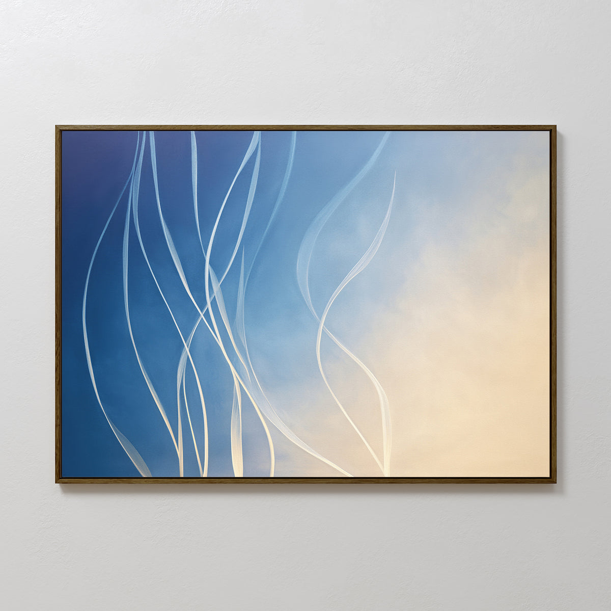The Ethereal Lines Canvas Art - Horizontal features flowing white lines on a gradient from deep blue to light beige, inspired by Nordic Park aesthetics—perfect for modern living room decor, evoking gentle movement and calm.
