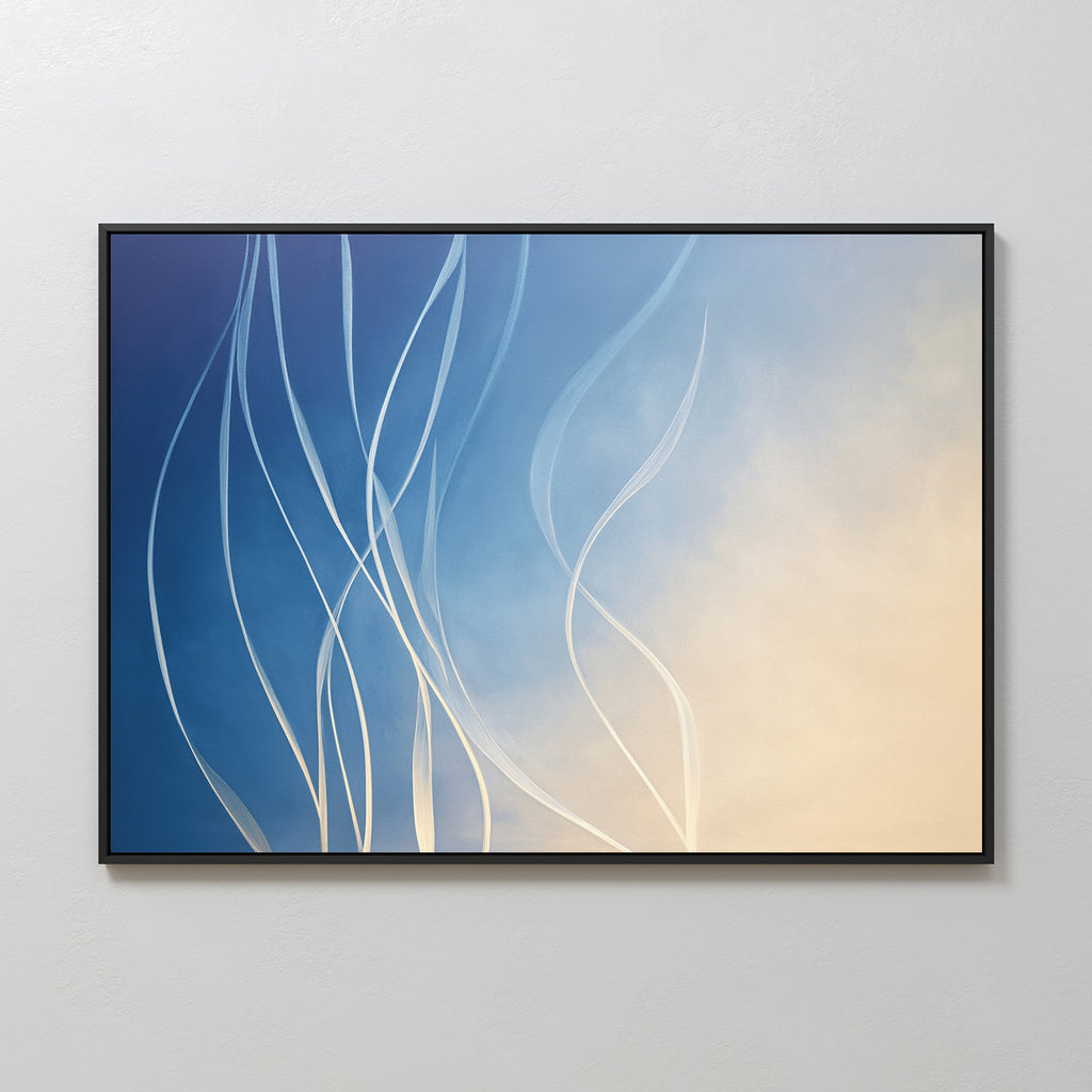Ethereal Lines Canvas Art - Horizontal features flowing white lines over a gradient from deep blue to soft beige in a sleek black frame—perfect modern decor for adding movement and light to your living room.
