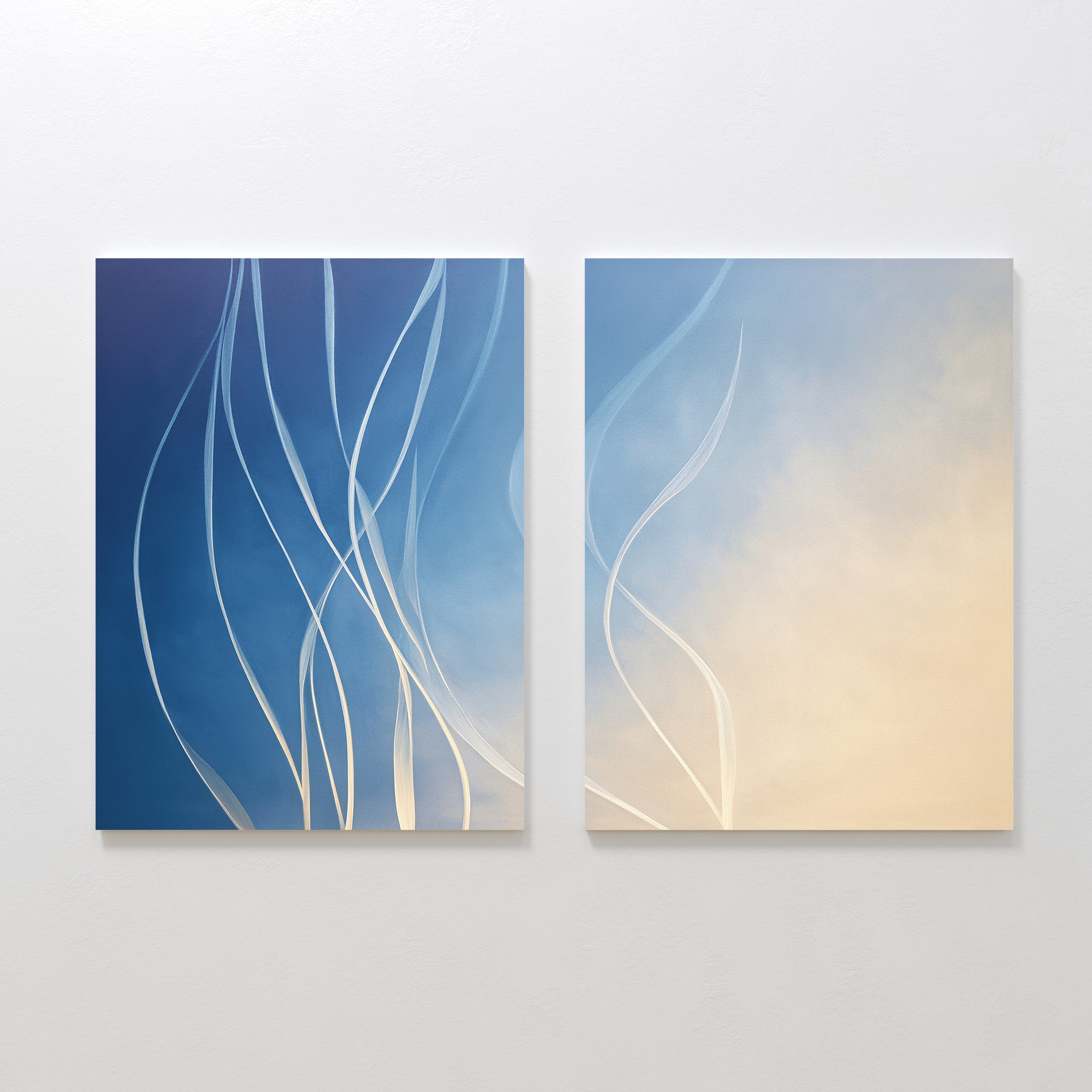 Ethereal Lines - Set Of 2 showcases abstract prints: one with flowing white lines on a gradient blue background, the other on a blue-beige blend—modern wall art perfect for creating a calm, Nordic Park-inspired living room vibe.