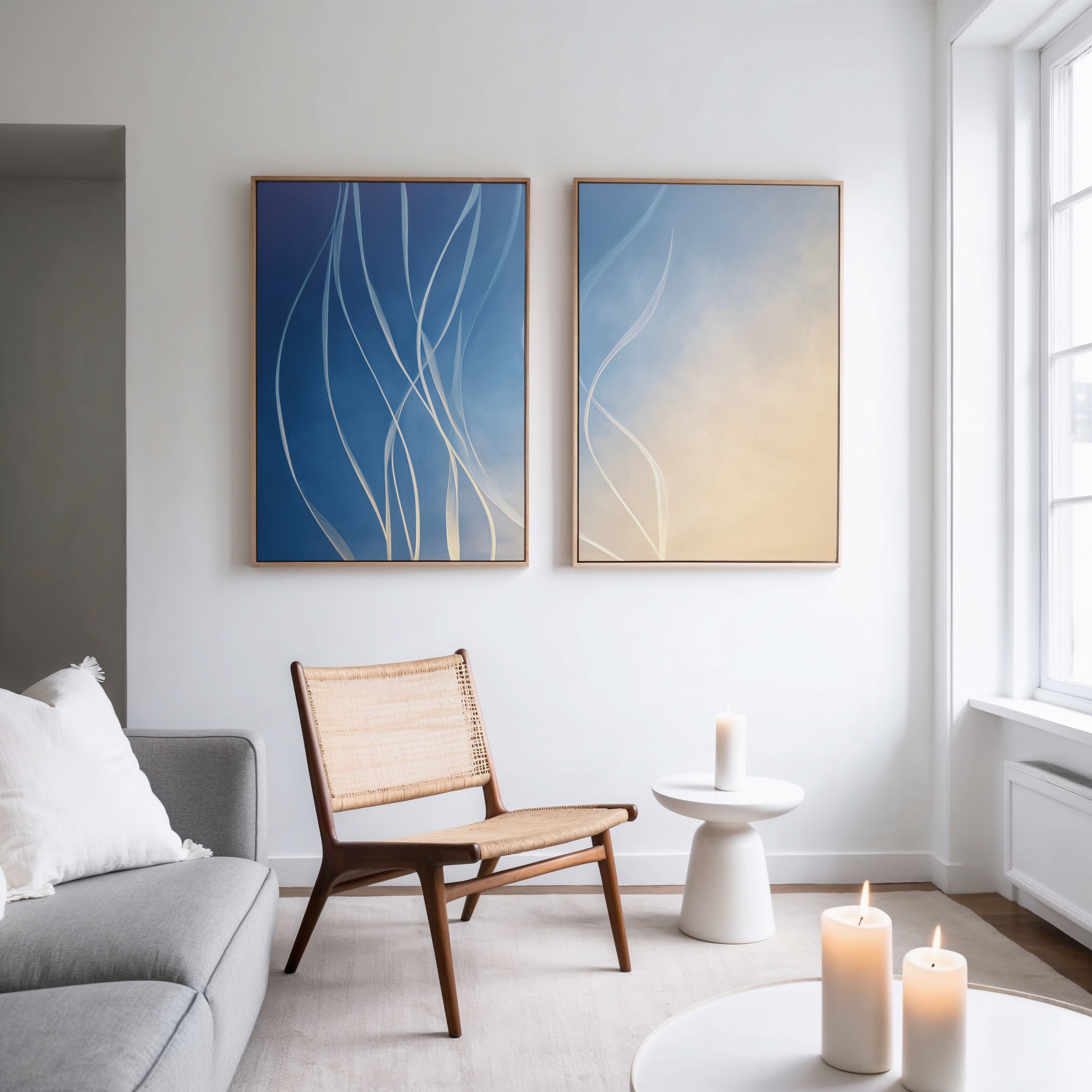 A modern living room with a wooden chair, round side table, lit candles, gray sofa with white pillows, and the Ethereal Lines - Set Of 2 abstract prints on the wall near a large window.