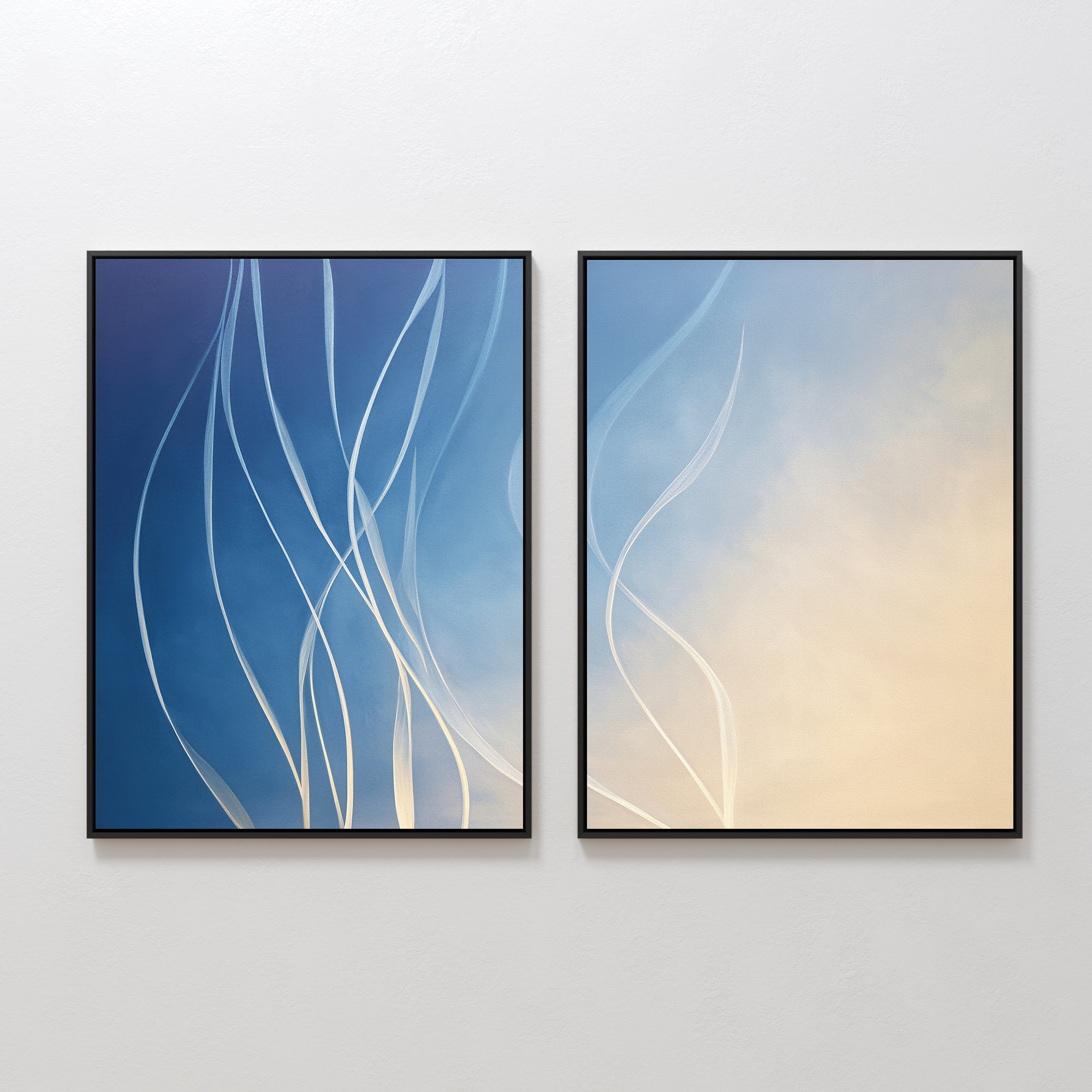The Ethereal Lines - Set Of 2 features two framed abstract prints with flowing lines—one on blue, one over a blue-to-beige gradient—perfect modern wall art for your living room and channeling Nordic Park vibes.