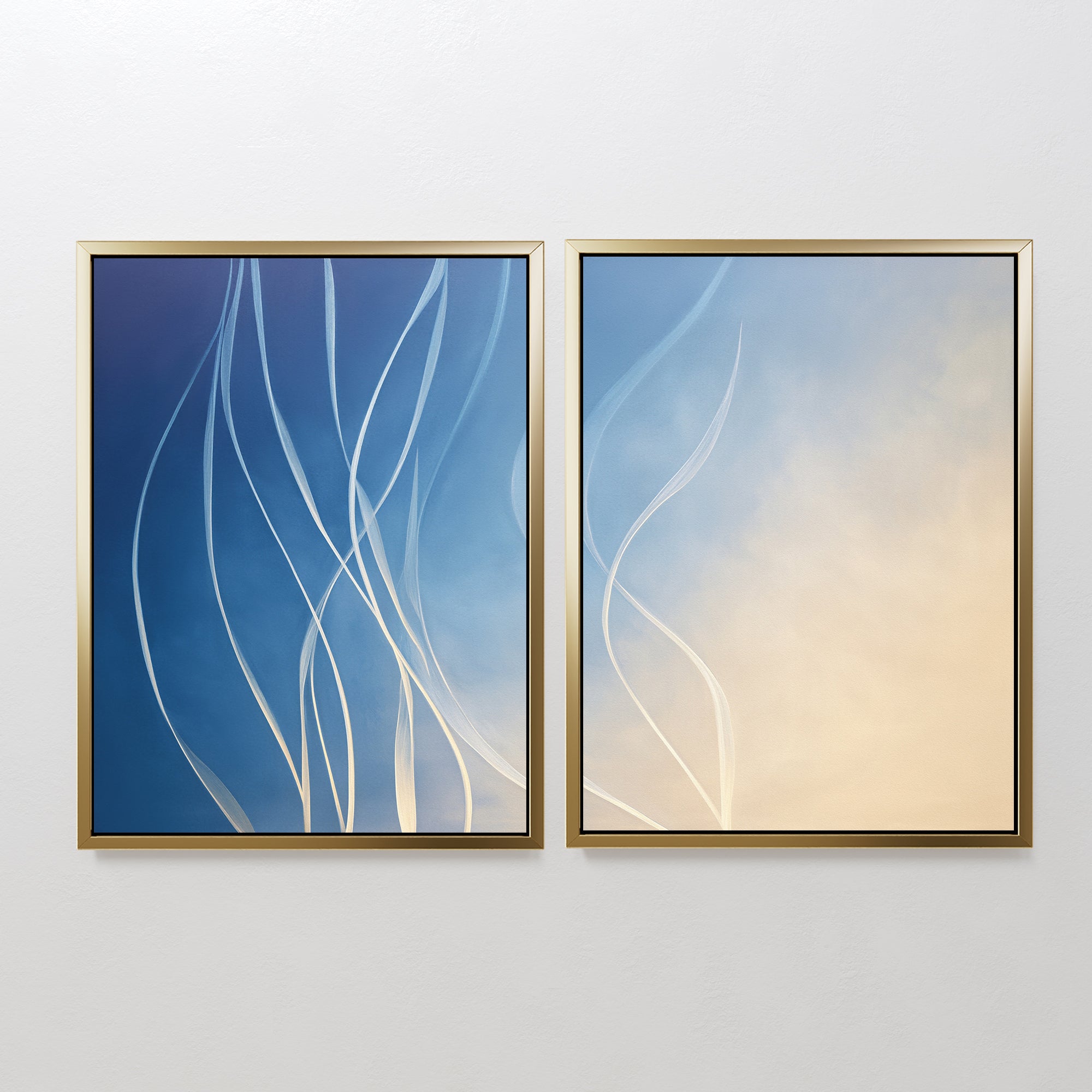 The "Ethereal Lines - Set Of 2" features two minimalist framed prints: one with flowing white lines on blue, the other with similar lines on cream and beige. Ideal for modern living rooms, they evoke an airy, Nordic Park-inspired style.