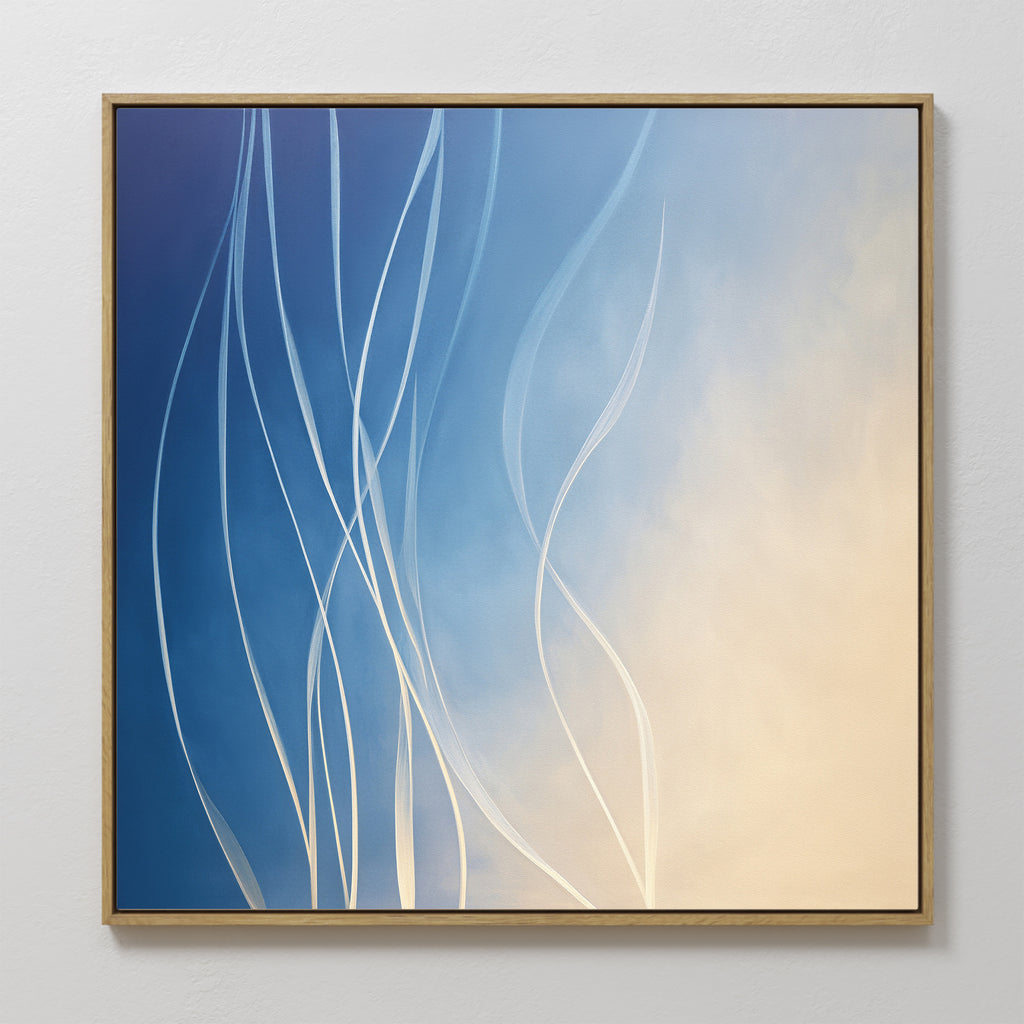 The Ethereal Lines Canvas Art - Square features soft blue and cream gradients with flowing curved white lines—ideal for modern living rooms or adding a Nordic Park-inspired look to your space.