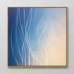 The Ethereal Lines Canvas Art - Square features soft blue and cream gradients with flowing curved white lines—ideal for modern living rooms or adding a Nordic Park-inspired look to your space.