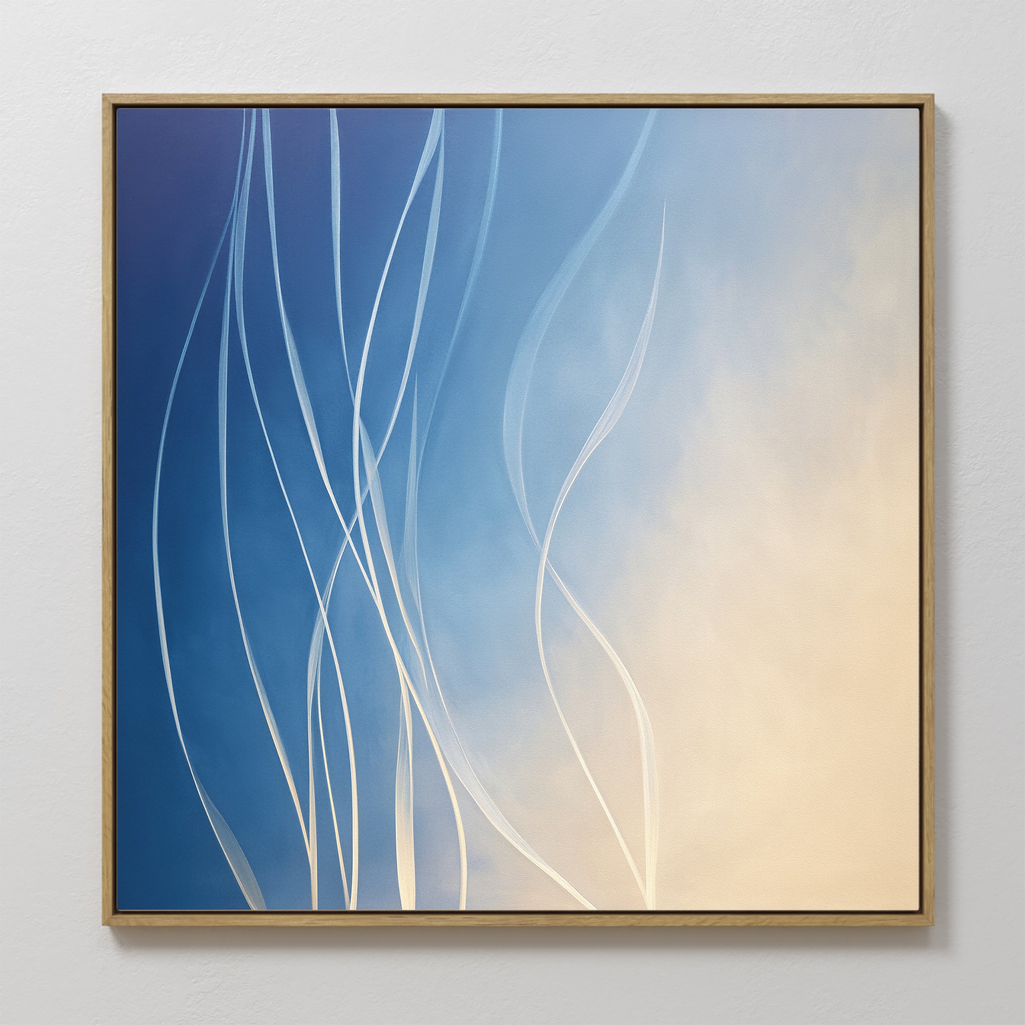 The Ethereal Lines Canvas Art - Square features soft blue and cream gradients with flowing curved white lines—ideal for modern living rooms or adding a Nordic Park-inspired look to your space.