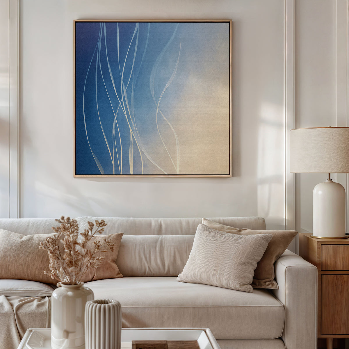A modern living room features a beige sofa with pillows, a ceramic lamp on a wooden side table, and Ethereal Lines Canvas Art - Square, an abstract blue and beige piece. A vase with dried flowers decorates the coffee table.