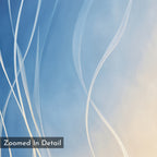 Ethereal Lines Canvas Art - Square features an abstract print with soft blue and beige gradients, flowing white curved lines, and a translucent gray box labeled "Zoomed In Detail"—ideal as modern living room decor.