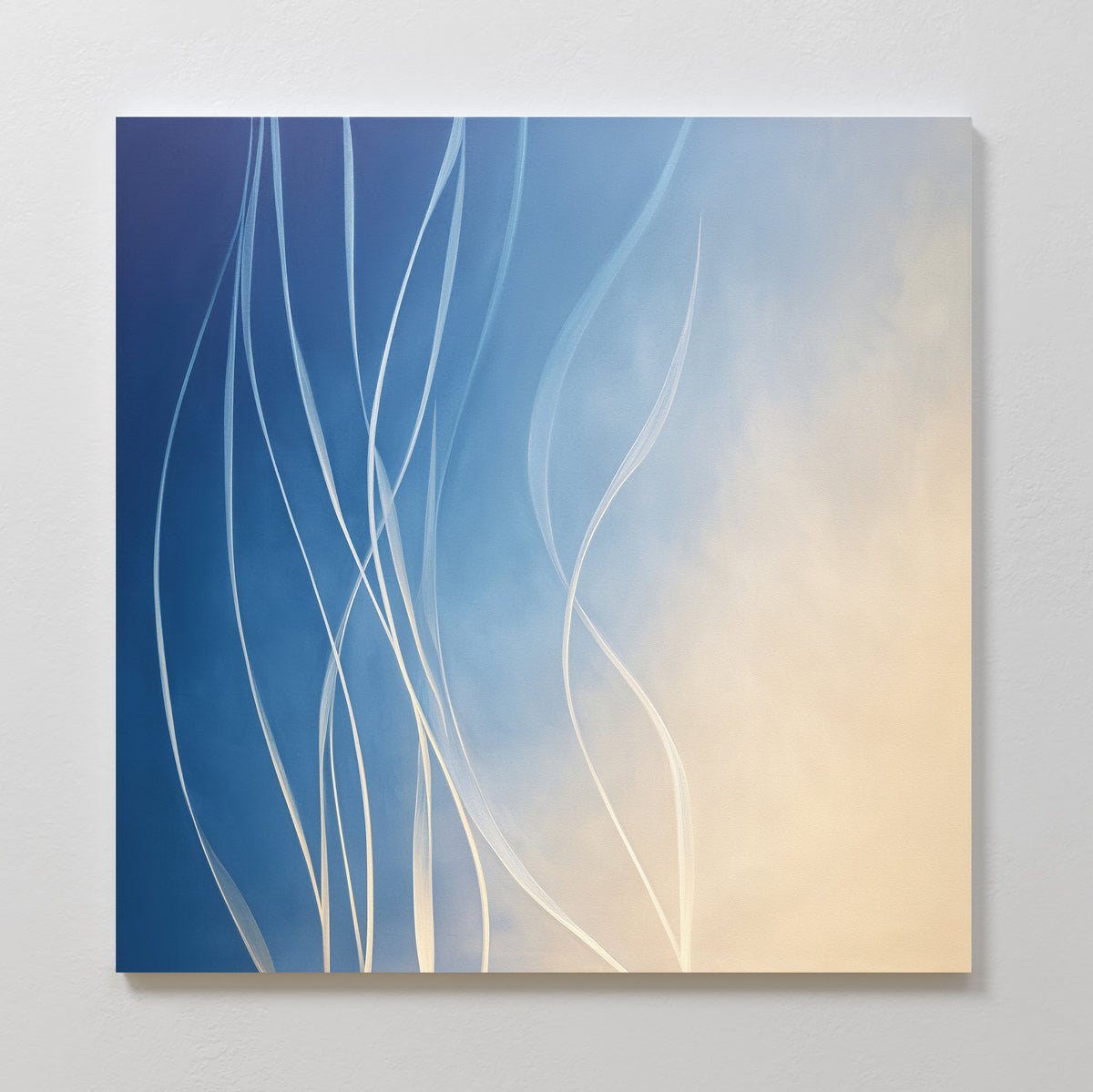 Ethereal Lines Canvas Art - Square showcases blue and cream gradients with flowing white lines, creating an airy Nordic Park vibe—ideal as modern living room wall art on a square canvas against a white wall.