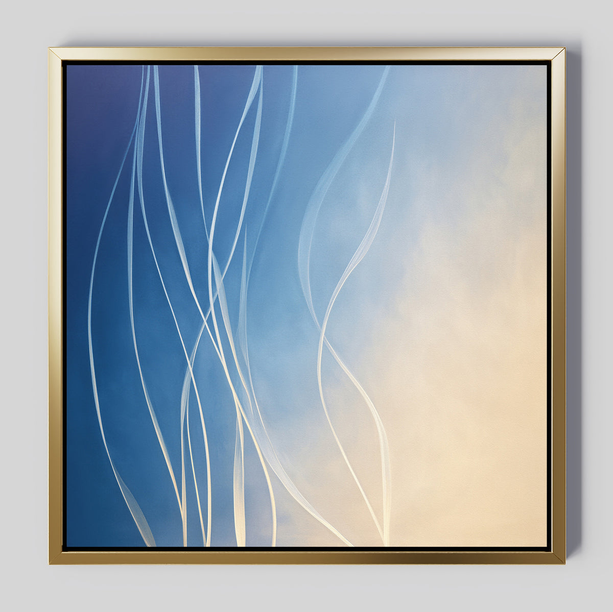 The Ethereal Lines Canvas Art - Square features flowing white lines over a blue-to-beige gradient, framed in simple gold—a modern abstract piece perfect for your living room or to add stylish flair to any space.