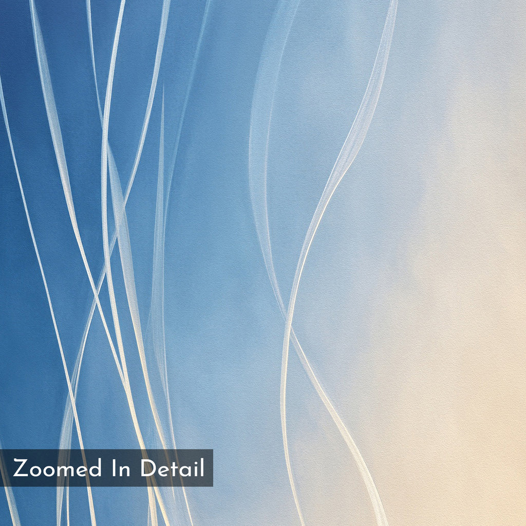 Ethereal Lines Canvas Art - Vertical features thin, white, wavy lines diagonally crossing a blue-to-beige gradient. Ideal for Nordic Park or modern living rooms. A translucent black box at the bottom left displays "Zoomed In Detail.