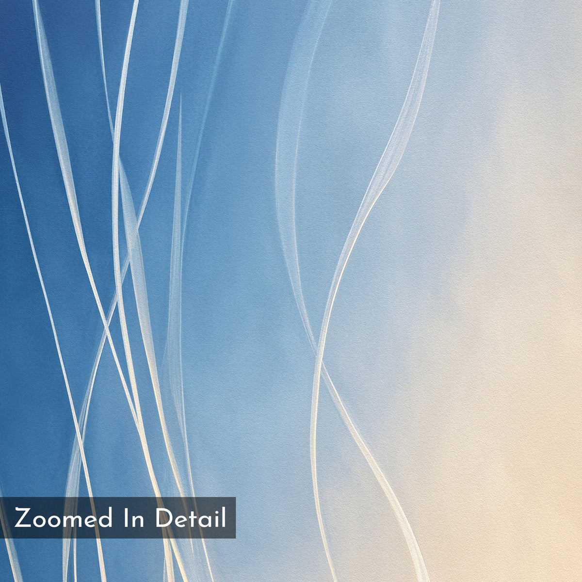 Ethereal Lines Canvas Art - Vertical features thin, white, wavy lines diagonally crossing a blue-to-beige gradient. Ideal for Nordic Park or modern living rooms. A translucent black box at the bottom left displays "Zoomed In Detail.