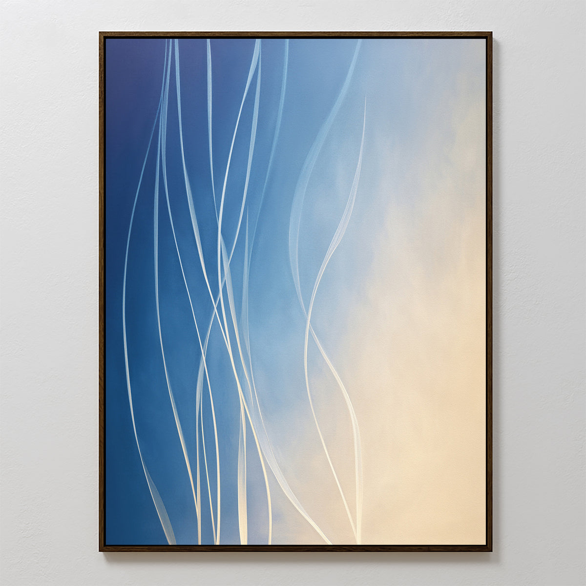 The "Ethereal Lines Canvas Art - Vertical" features flowing white vertical lines on a gradient blue-to-beige backdrop, evoking wind and movement. Its simple frame suits Nordic Park style and modern living room decor.