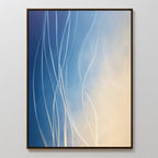 The "Ethereal Lines Canvas Art - Vertical" features flowing white vertical lines on a gradient blue-to-beige backdrop, evoking wind and movement. Its simple frame suits Nordic Park style and modern living room decor.