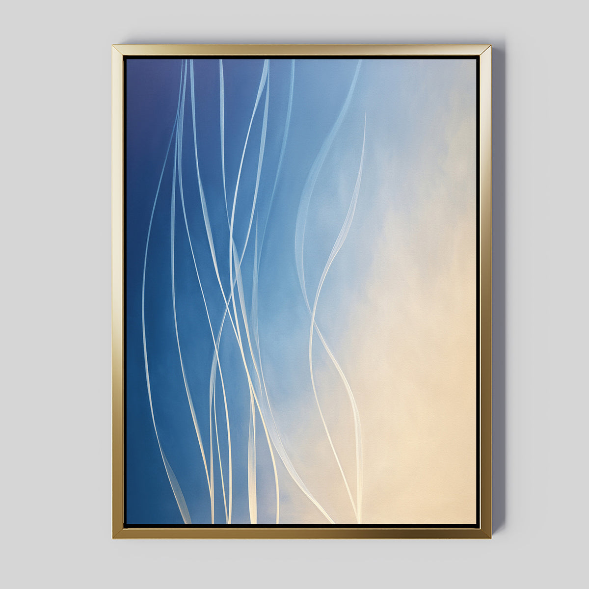 Ethereal Lines Canvas Art - Vertical features elegant white curves on a gradient background from deep blue to beige, perfect for modern living room decor or bringing a Nordic Park vibe to your space.