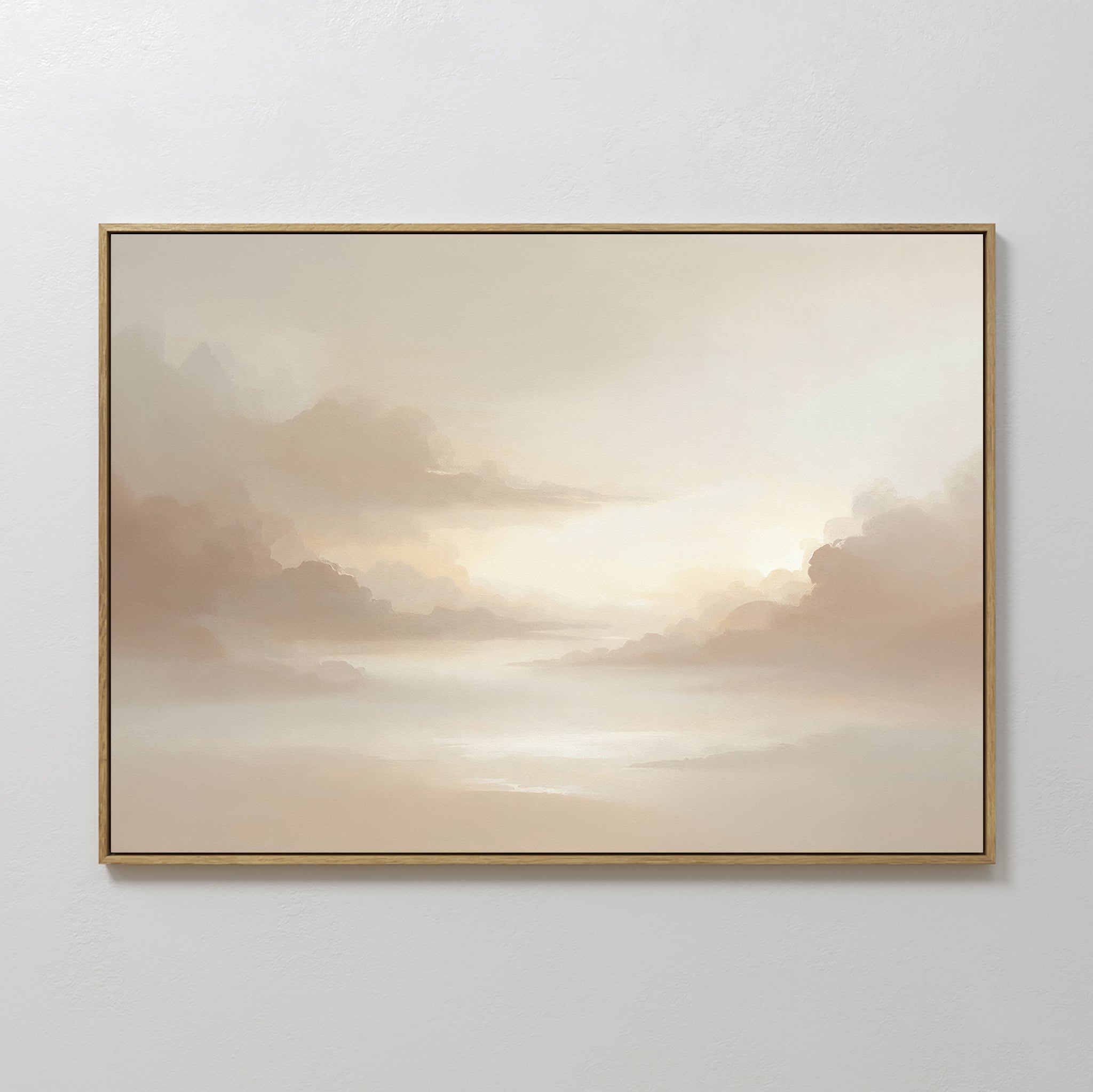 The Ethereal Veil Canvas Art - Horizontal features a soft, pastel sky with gentle clouds in beige, cream, and light brown, creating a calm and serene mood. Displayed on a plain light wall, it brings tranquility to your space.