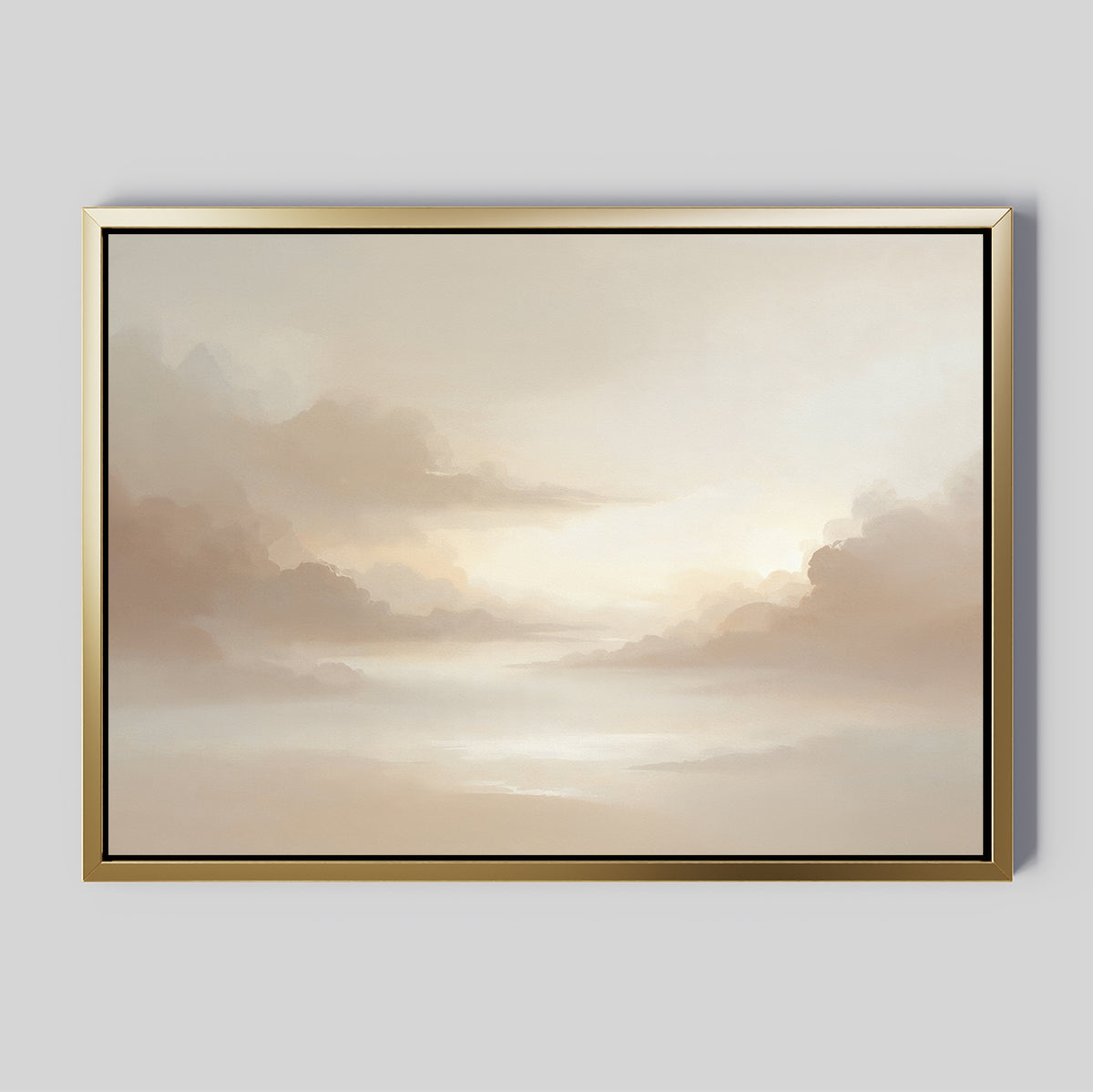 Ethereal Veil Canvas Art - Horizontal showcases a serene cloudy sky in soft beige and cream, diffused sunrise or sunset light, and a light gray backdrop. The elegant canvas features a thin gold-toned frame inspired by Nordic Park aesthetics.