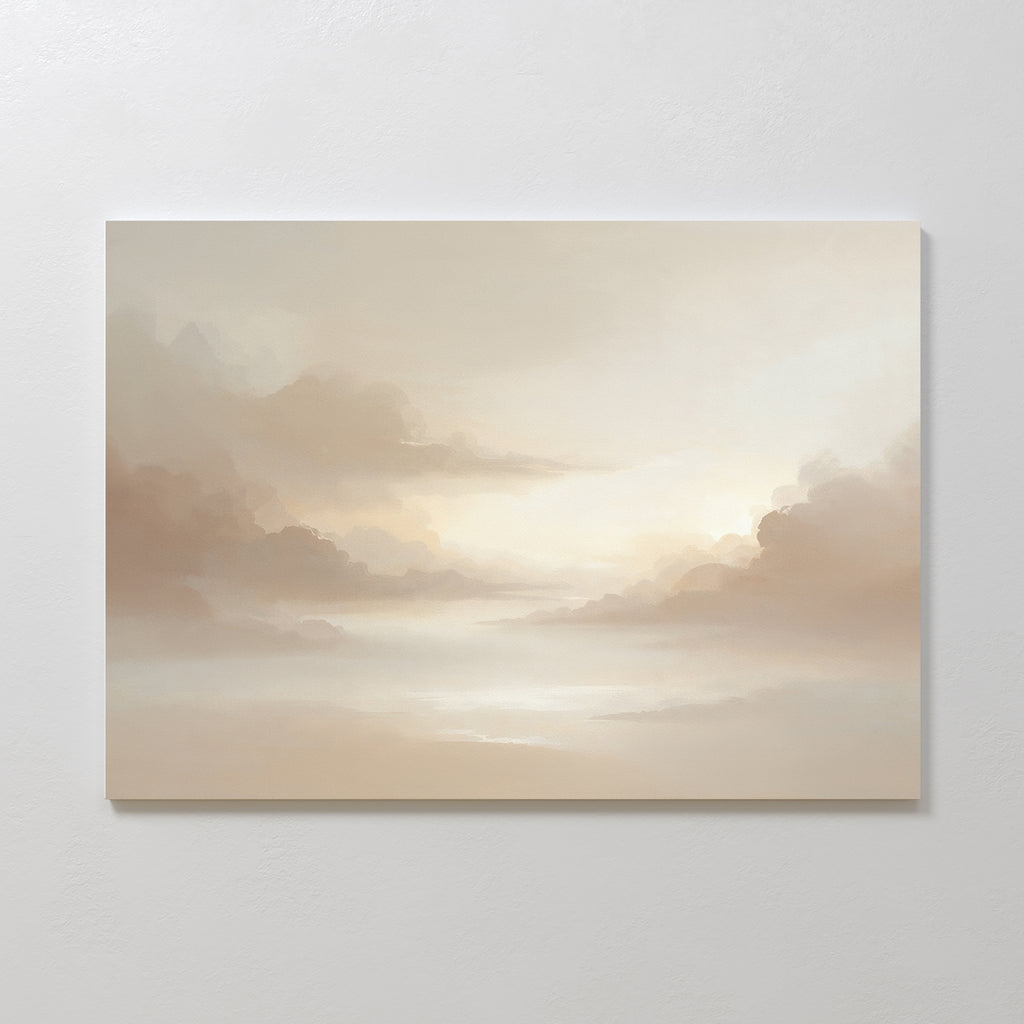 The Ethereal Veil Canvas Art - Horizontal features a soft, minimalist depiction of a cloudy sky at sunrise or sunset in serene beige, tan, and cream tones—an ideal calming canvas print to enhance any space.