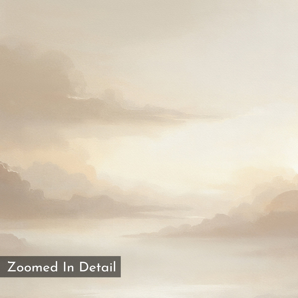 Soft, pastel-toned painting of a cloudy sky with gentle light creates a serene atmosphere. Ethereal Veil Canvas Art - Horizontal is perfect as a print for your home or Nordic Park-inspired space. "Zoomed In Detail" text in lower left corner.