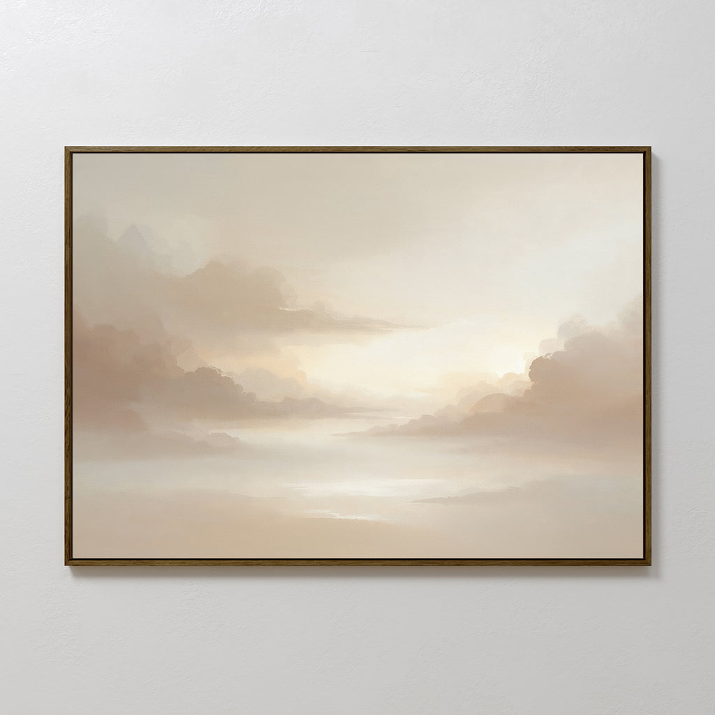 The Ethereal Veil Canvas Art - Horizontal features a serene, cloudy sky in soft beige and cream tones with gentle light, bringing a calming Nordic Park vibe to any plain white wall.