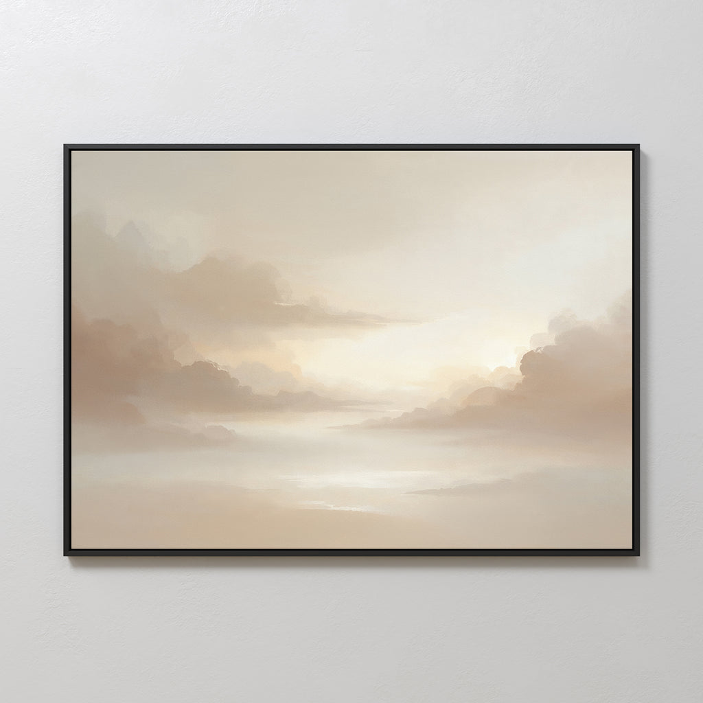 The Ethereal Veil Canvas Art - Horizontal features a tranquil sky with soft, light tan and beige clouds, gentle gradients, and subtle lighting, evoking Nordic Park vibes for an elegant and calming atmosphere.