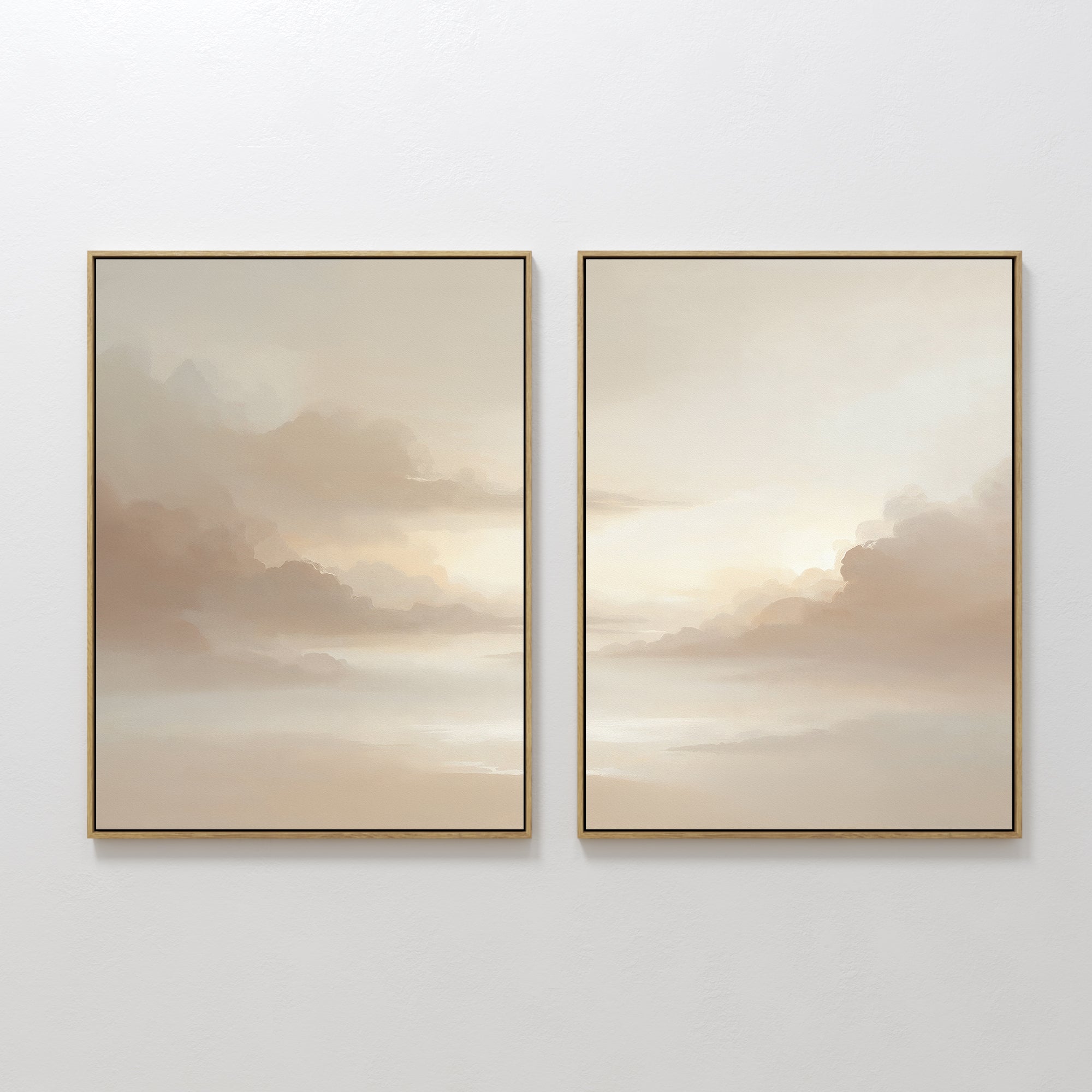 The Ethereal Veil - Set of 2 features serene framed canvas prints with pastel clouds and a warm beige sky, ideal for adding a calming, peaceful touch to your living room decor.