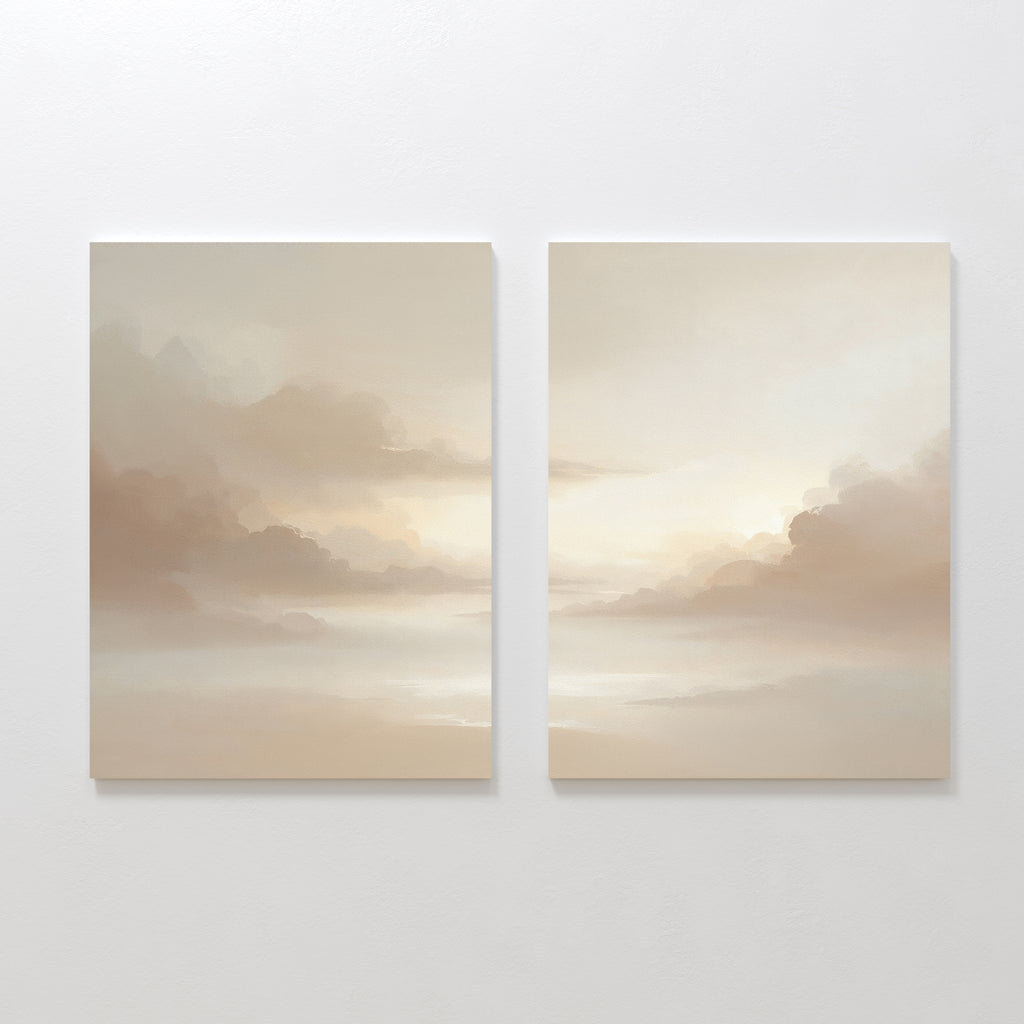 The "Ethereal Veil - Set of 2" features dreamy clouds and a hazy sky in soft beige, cream, and light brown—canvas prints ideal for living room decor to create a calm, serene atmosphere.