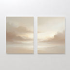 The "Ethereal Veil - Set of 2" features dreamy clouds and a hazy sky in soft beige, cream, and light brown—canvas prints ideal for living room decor to create a calm, serene atmosphere.