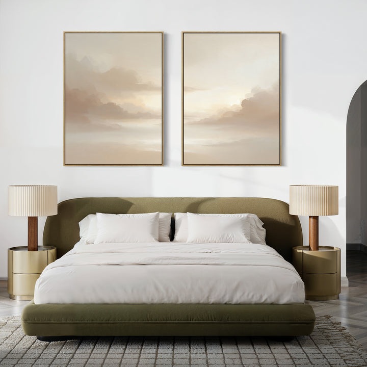 A modern bedroom features a low olive-green bed with white bedding, gold nightstands, beige lamps, and a textured rug. Above the bed hangs "Ethereal Veil - Set of 2," two large soft-toned canvas prints against the white wall.