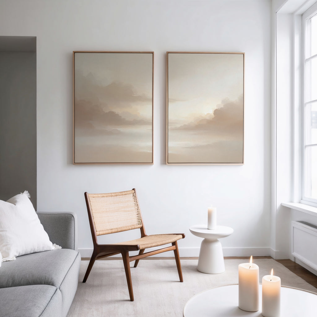 A minimalist living room with a woven chair, modern gray sofa, and the Ethereal Veil - Set of 2 cloud canvas prints on a white wall. Soft candlelight and curated decor add to the cozy, serene atmosphere.