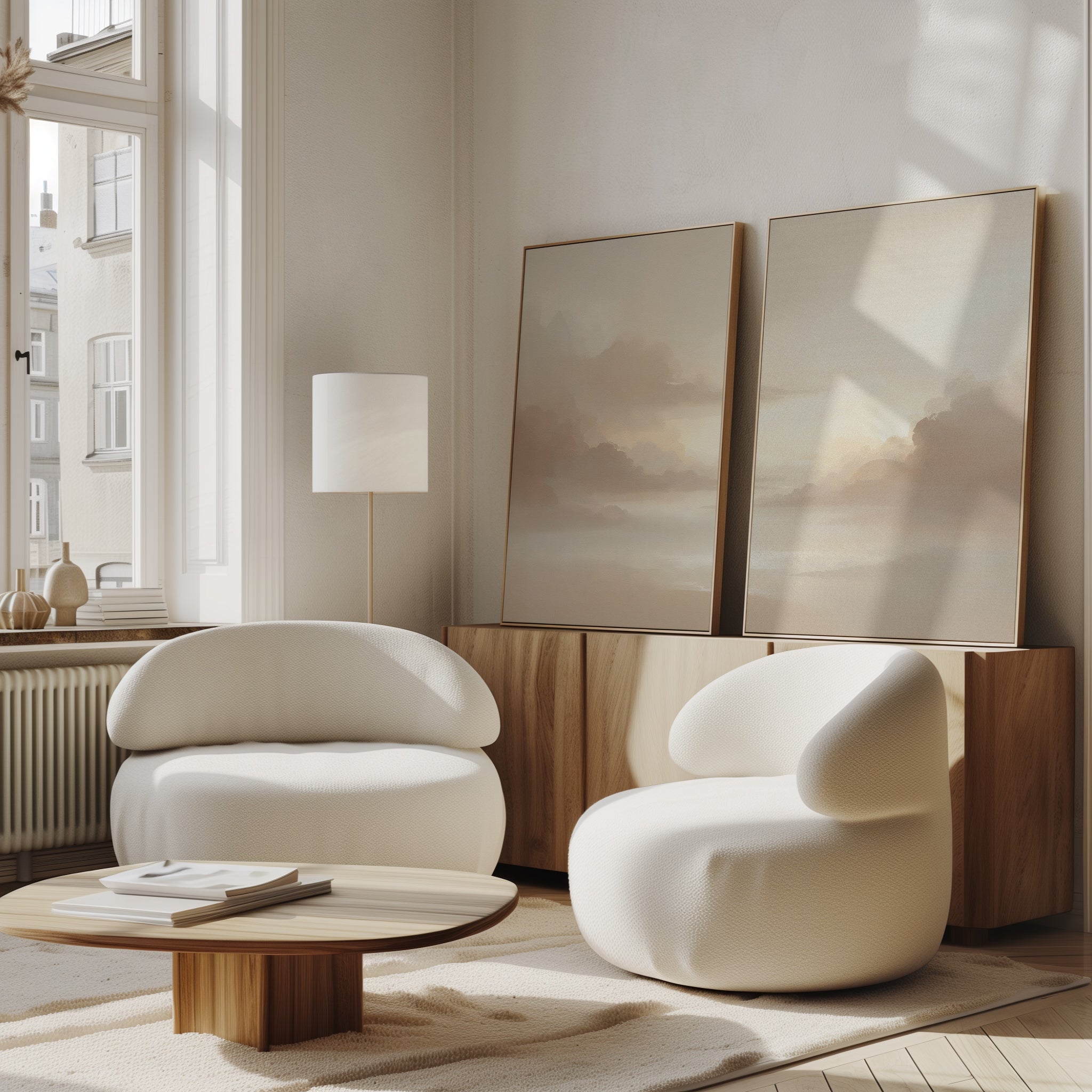 A modern living room featuring two white curved armchairs, a low wooden coffee table, light wood furniture, and serene "Ethereal Veil - Set of 2" canvas prints leaning against the wall. Sunlight pours in through tall windows to complete the inviting decor.