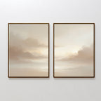 Ethereal Veil - Set of 2 features soft, pastel cloudscape canvas prints in beige and light brown, displayed side by side. These serene artworks add a touch of calm elegance to your living room decor.