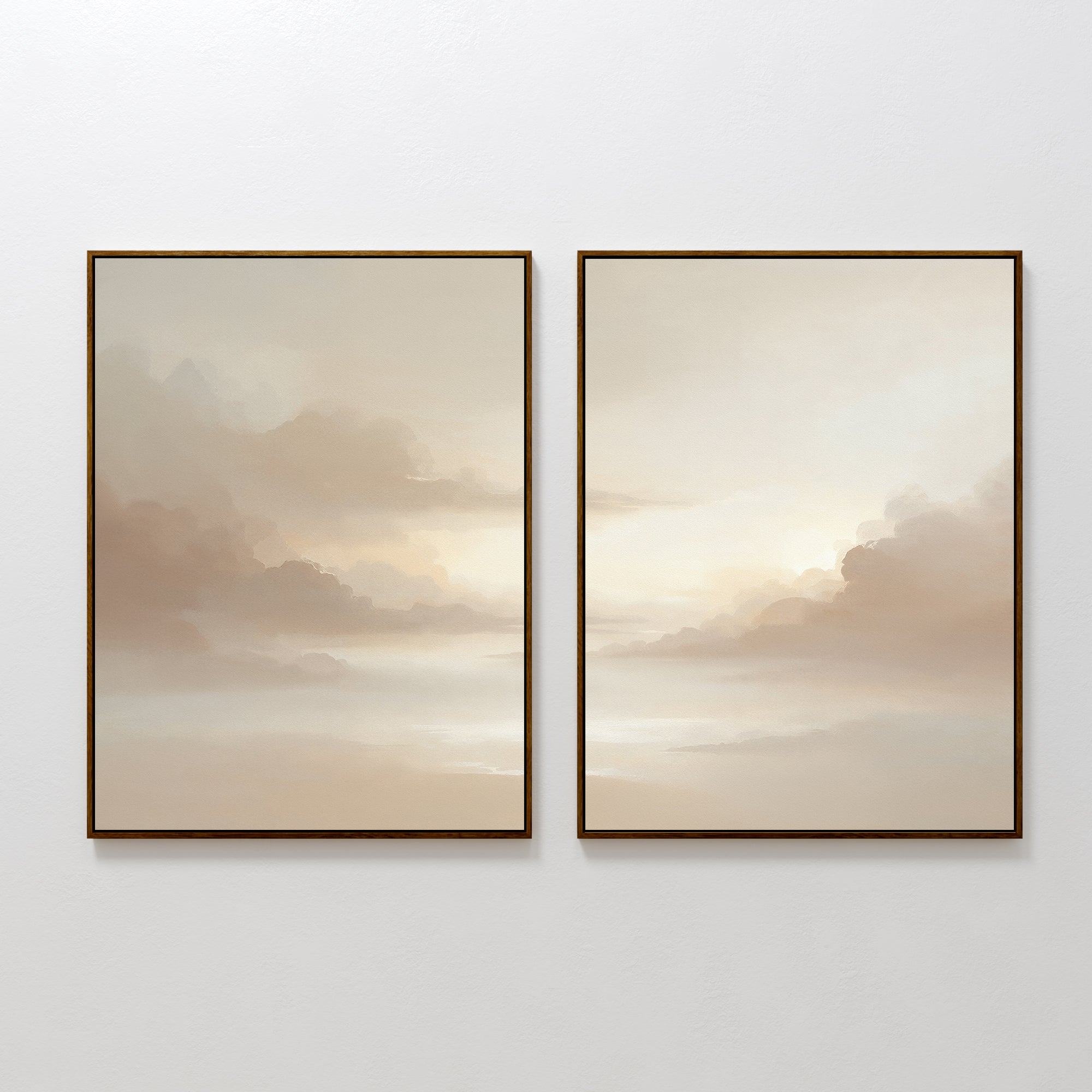 Ethereal Veil - Set of 2 features soft, pastel cloudscape canvas prints in beige and light brown, displayed side by side. These serene artworks add a touch of calm elegance to your living room decor.