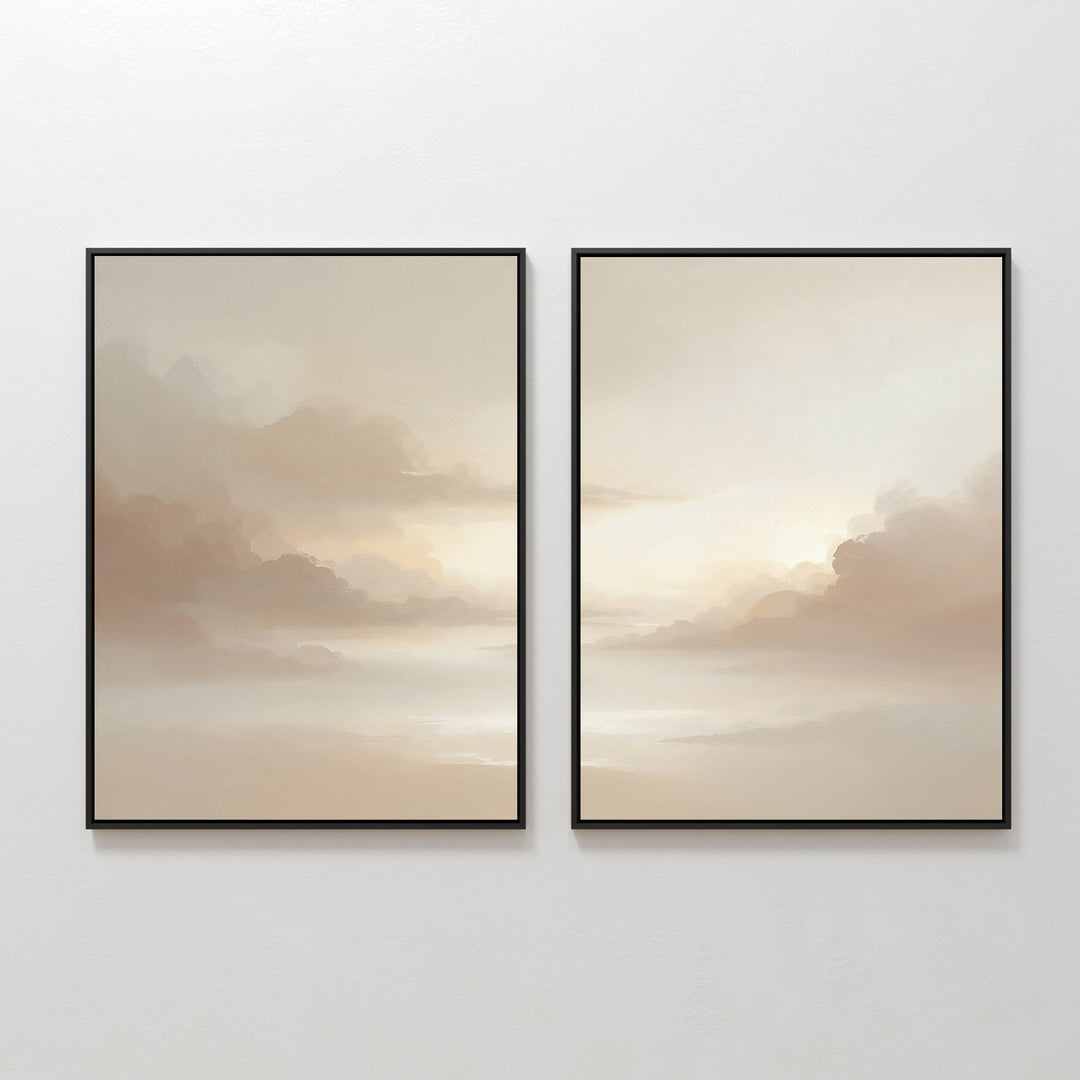 The Ethereal Veil - Set of 2 features minimalist canvas prints in soft beige and cream cloud motifs, bringing a serene and calming touch to your living room decor when displayed side by side on any plain wall.