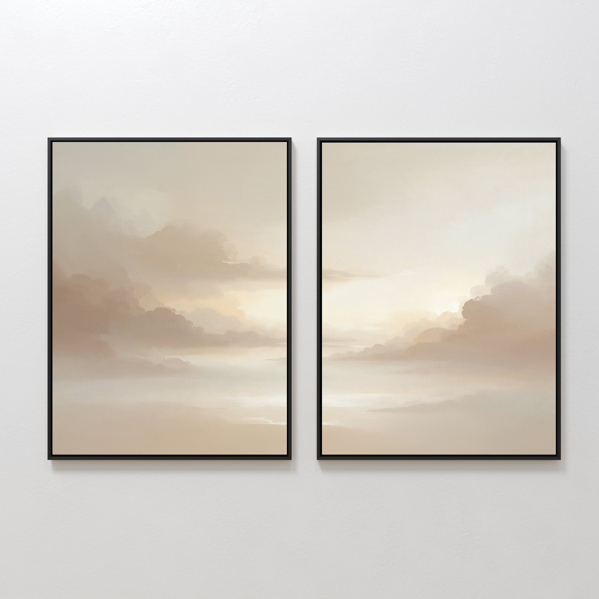 The Ethereal Veil - Set of 2 features minimalist canvas prints in soft beige and cream cloud motifs, bringing a serene and calming touch to your living room decor when displayed side by side on any plain wall.