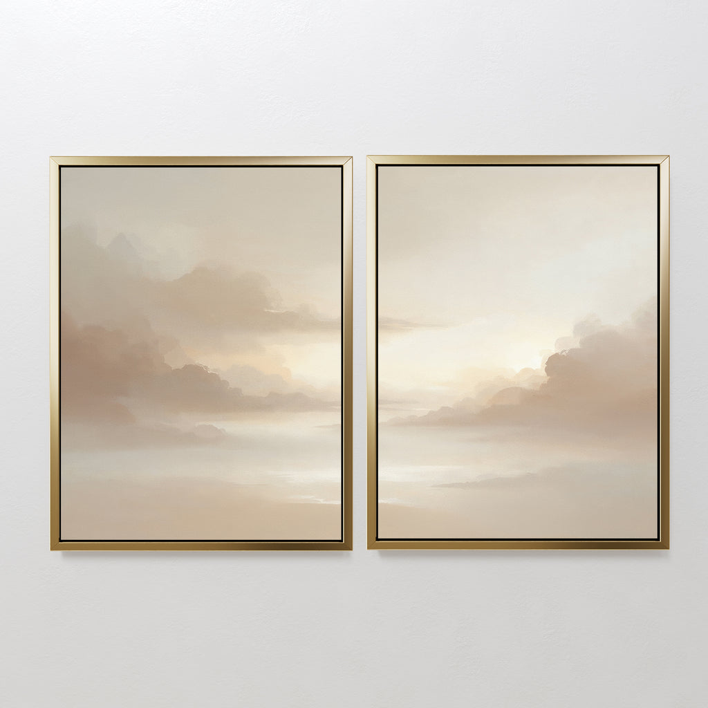 The Ethereal Veil - Set of 2 features framed artwork with soft, neutral-toned clouds and sky, hanging side by side on a white wall to create a calming, minimalist vibe—ideal for living room decor.