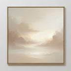The Ethereal Veil Canvas Art - Square features a dreamy sky with beige and cream clouds. Soft sunlight hues evoke tranquility and warmth, creating a peaceful vibe reminiscent of a Nordic Park sunrise in any space.