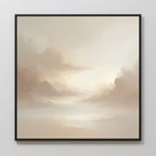 Ethereal Veil Canvas Art - Square: A framed canvas print featuring a soft, dreamy landscape in muted beige and cream tones, with clouds and light on a calm surface—perfect for creating a peaceful atmosphere.