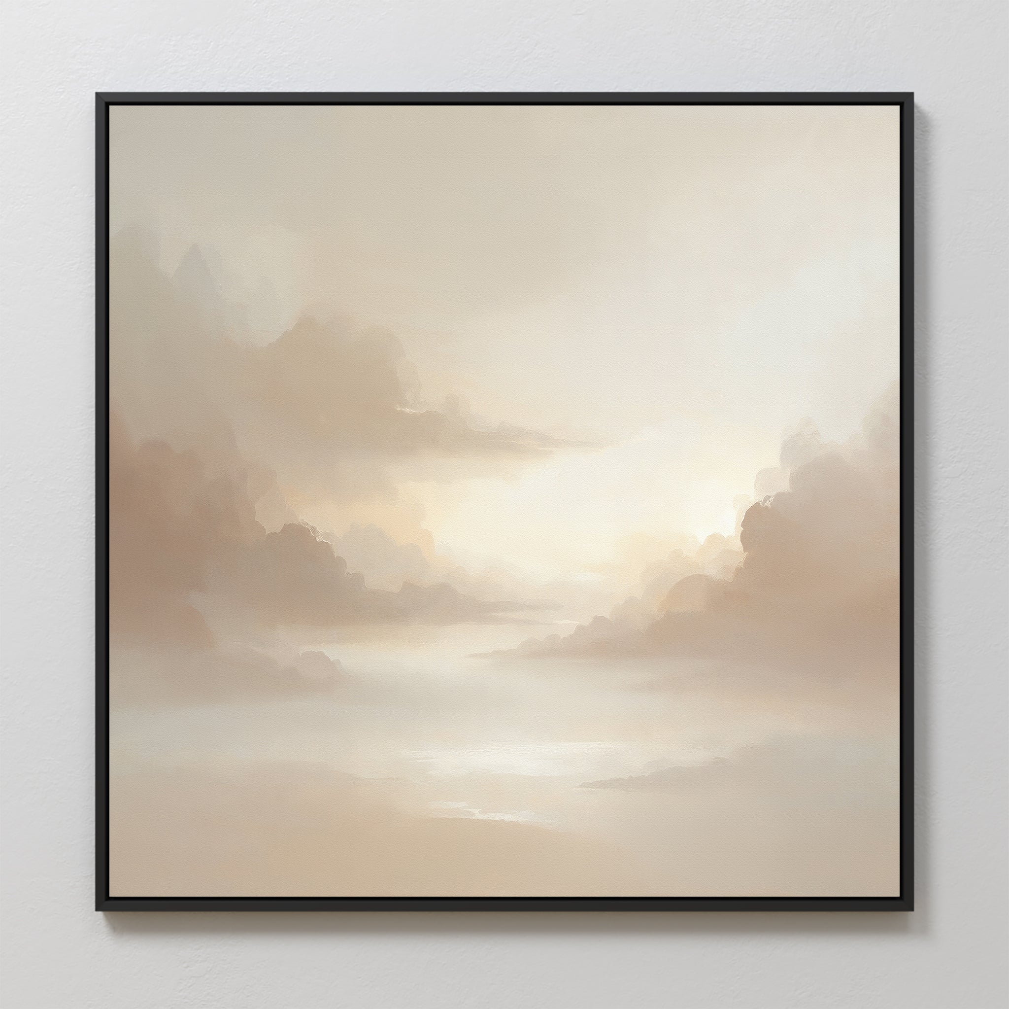 Ethereal Veil Canvas Art - Square: A framed canvas print featuring a soft, dreamy landscape in muted beige and cream tones, with clouds and light on a calm surface—perfect for creating a peaceful atmosphere.