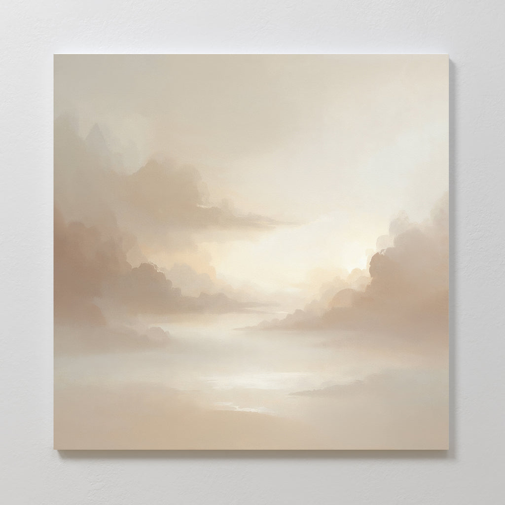The Ethereal Veil Canvas Art - Square features a dreamy cloudy sky in warm beige and light brown, with gentle sunlight breaking through. Displayed on a white wall, it creates a calm and serene atmosphere.