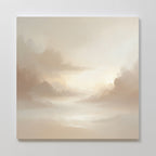 The Ethereal Veil Canvas Art - Square features a dreamy cloudy sky in warm beige and light brown, with gentle sunlight breaking through. Displayed on a white wall, it creates a calm and serene atmosphere.